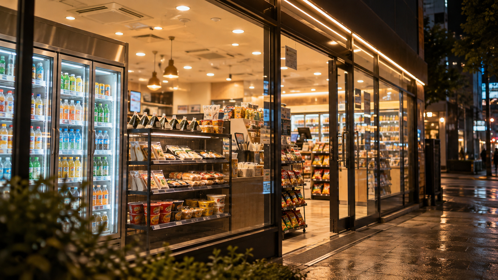 Tienda de conveniencia coreana de noche bajo la lluvia, escaparate iluminado