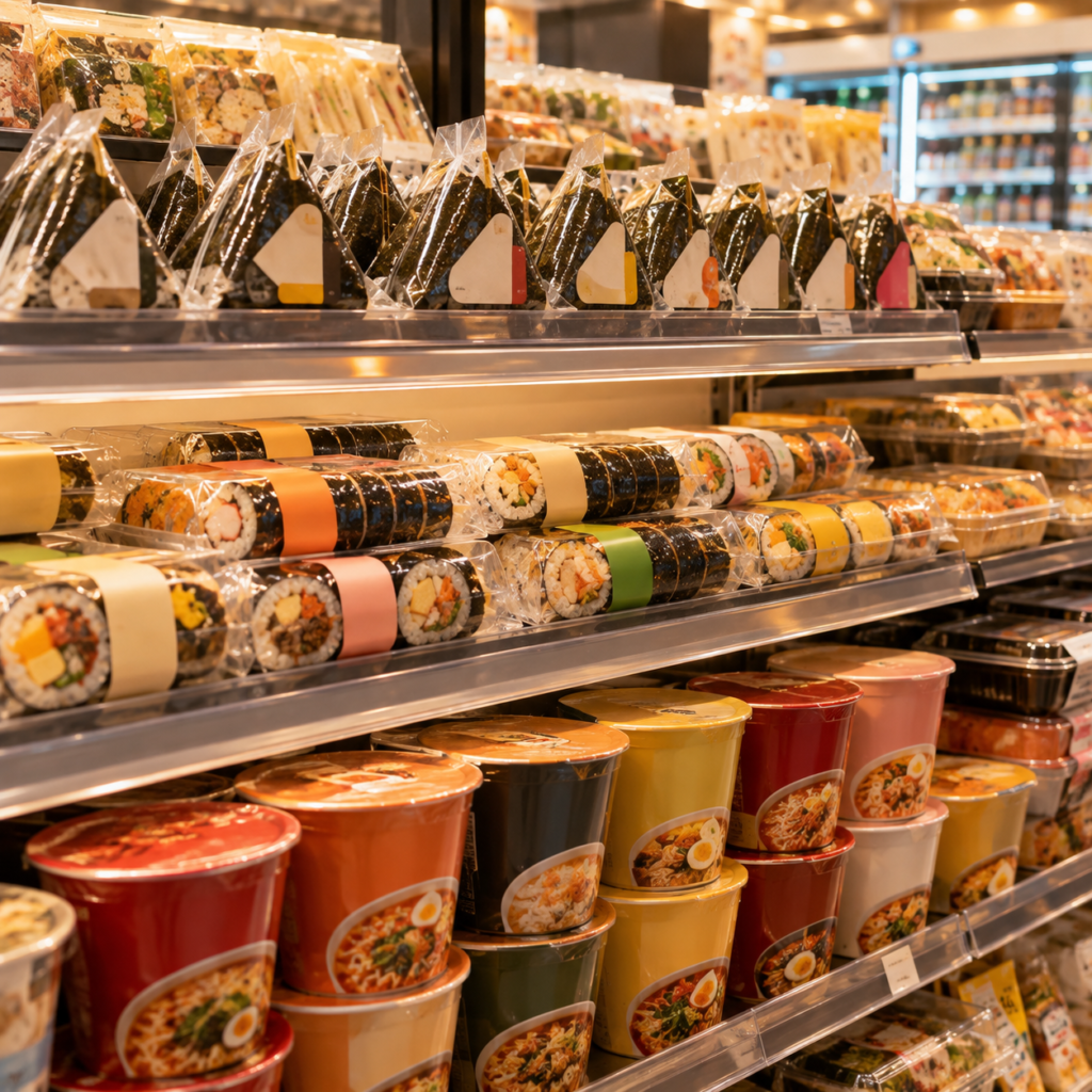 Estantería de tienda de conveniencia coreana con gimbap, samgak-gimbap y vasos de ramen instantáneo