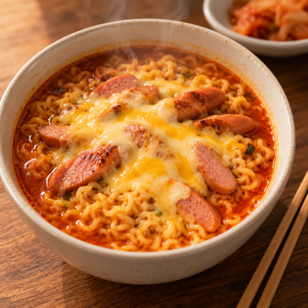 Vaso de ramen Buldak Carbo terminado con salchicha y queso fundido, receta viral de tienda de conveniencia