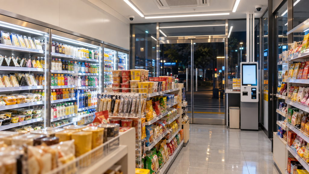 Interior de una tienda de conveniencia sin personal en Corea, con sistema de pago automático