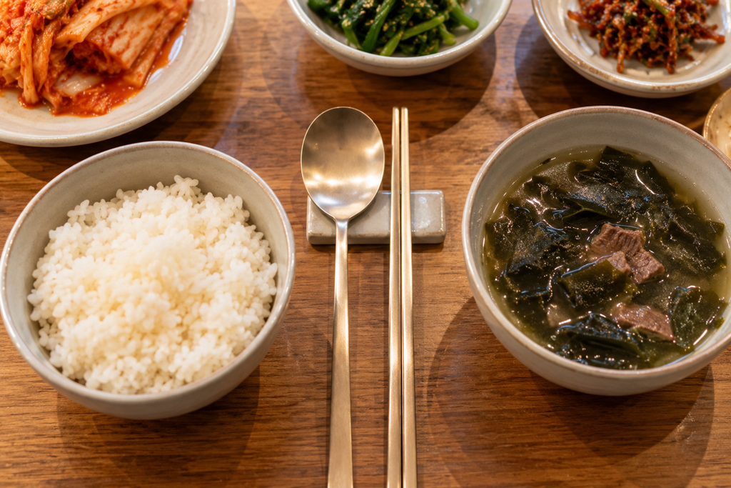 La cuchara y los palillos juntos en una mesa coreana