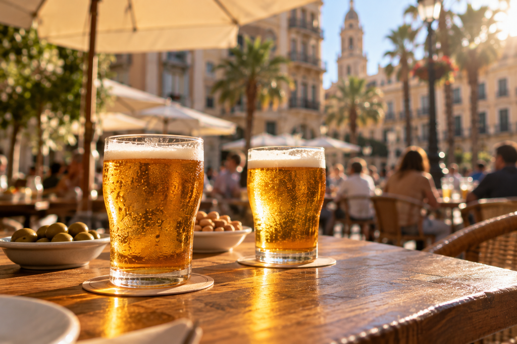 Dos cañas en la mesa de un bar de Málaga