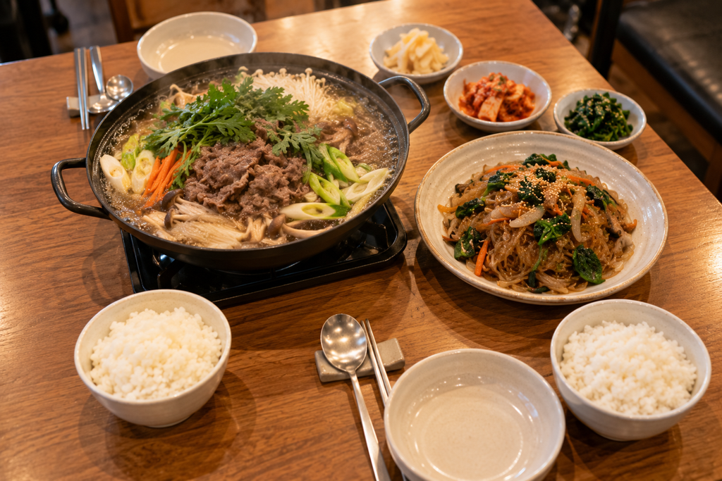 Mesa para dos con bulgogi, japchae y arroz