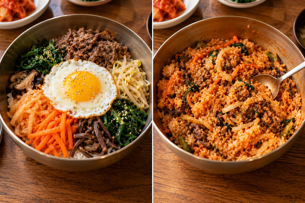 Bibimbap antes y después de mezclar