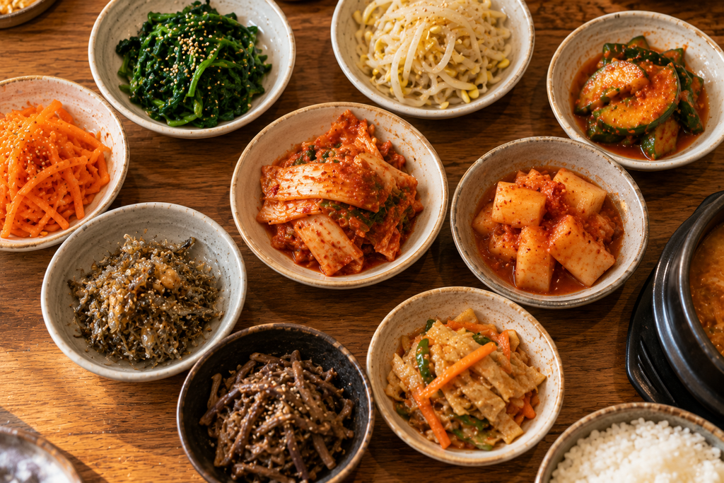 Los platillos de banchan puestos en la mesa