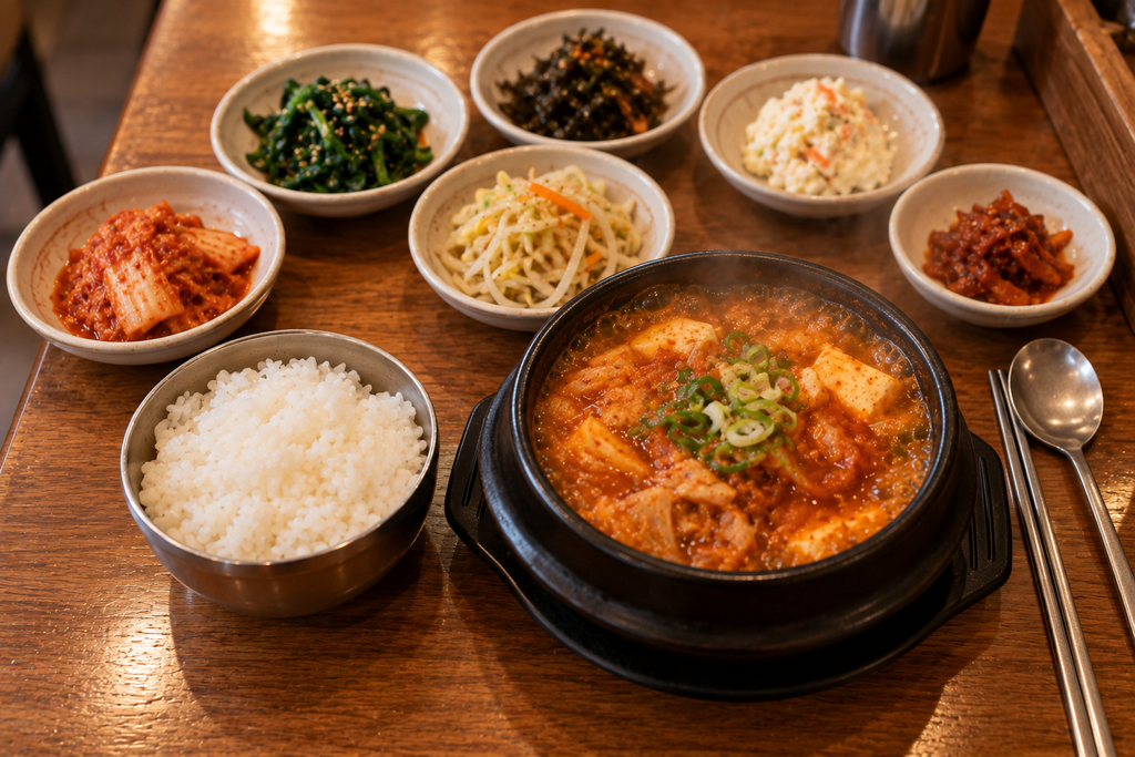 Una mesa individual coreana: cazuela, arroz y banchan