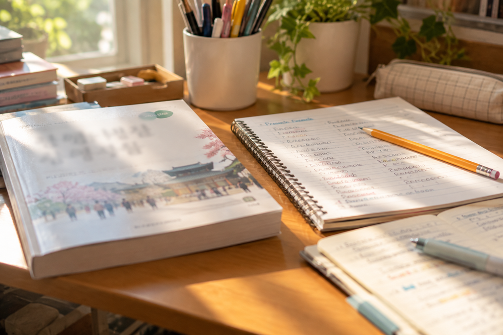 Un libro de coreano al lado de un cuaderno de español