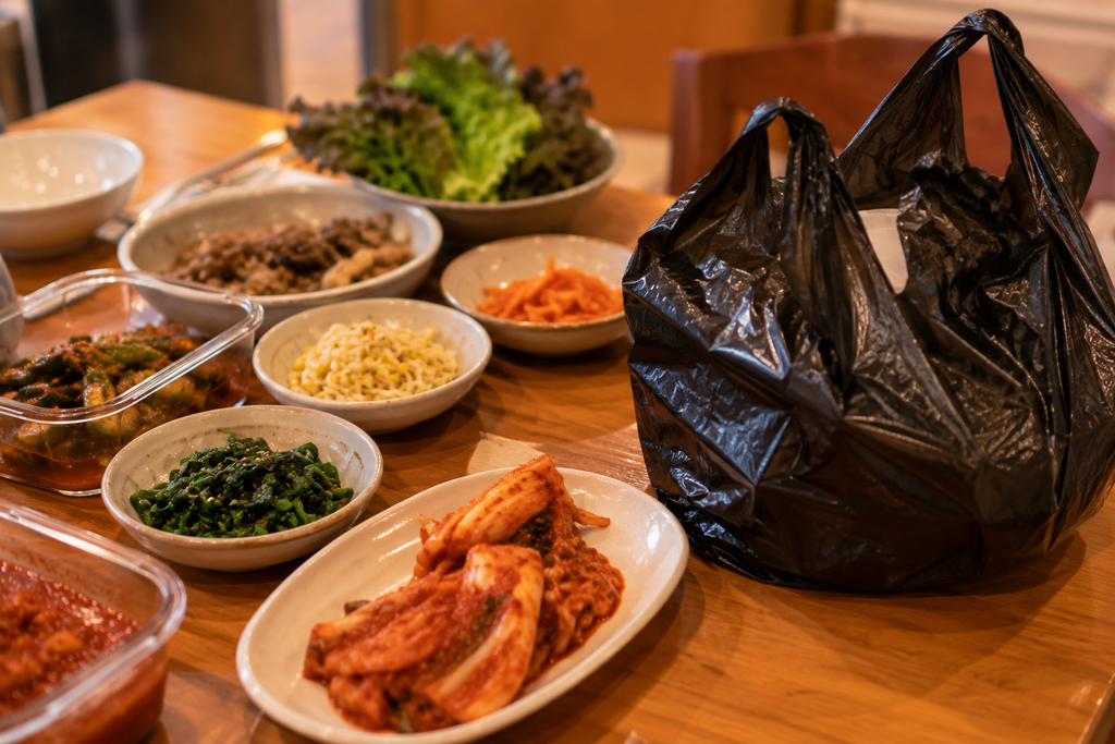 Cuencos de banchan y una bolsa de tienda coreana