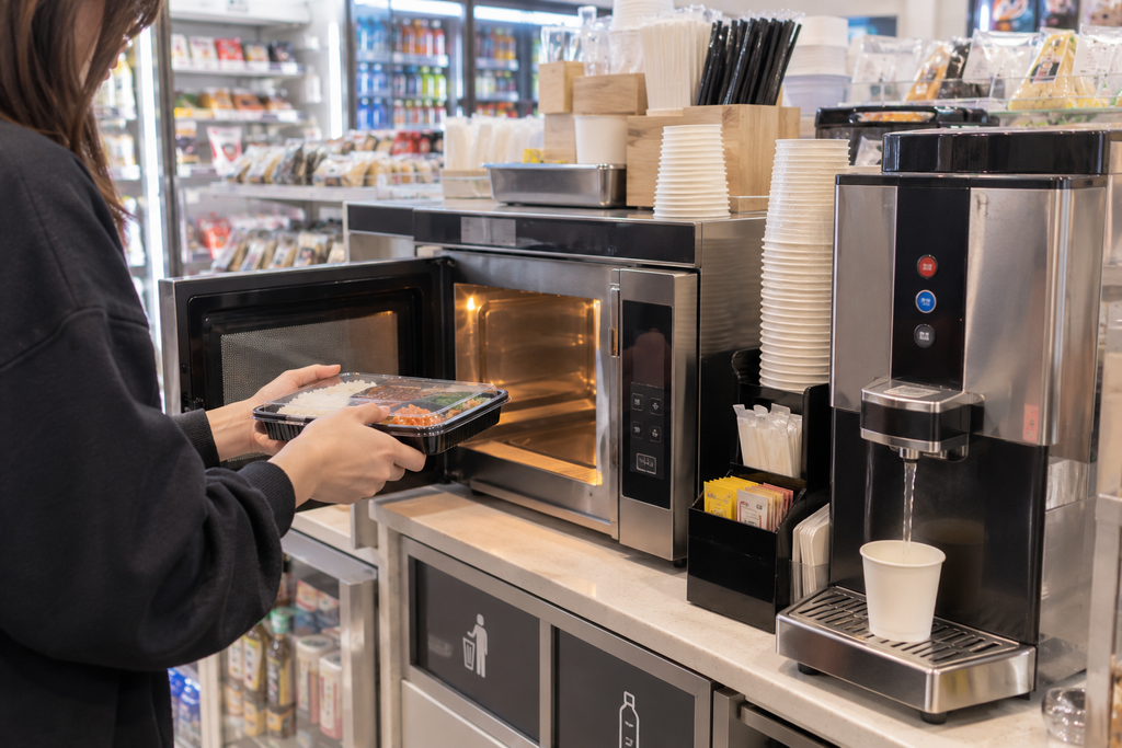 Microondas y agua caliente en una tienda de conveniencia coreana