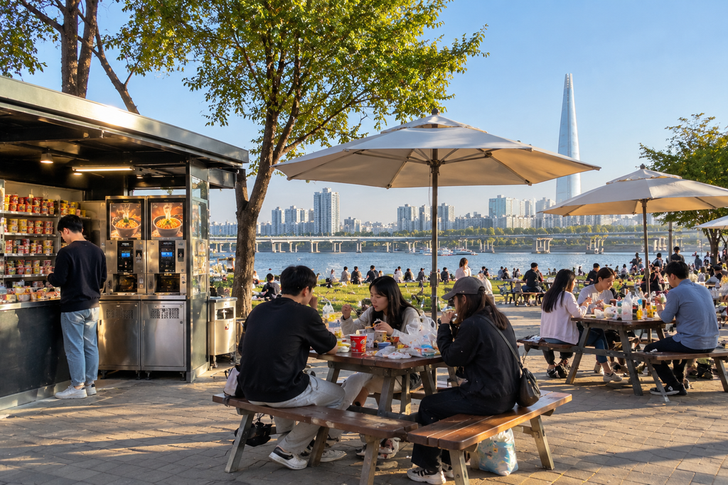 Mesas al aire libre y máquina de ramyeon en el río Han
