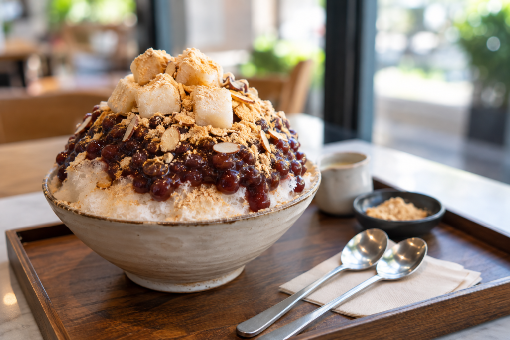 Bingsu coreano con pasta de judía roja y tteok en una cafetería (imagen generada con IA)