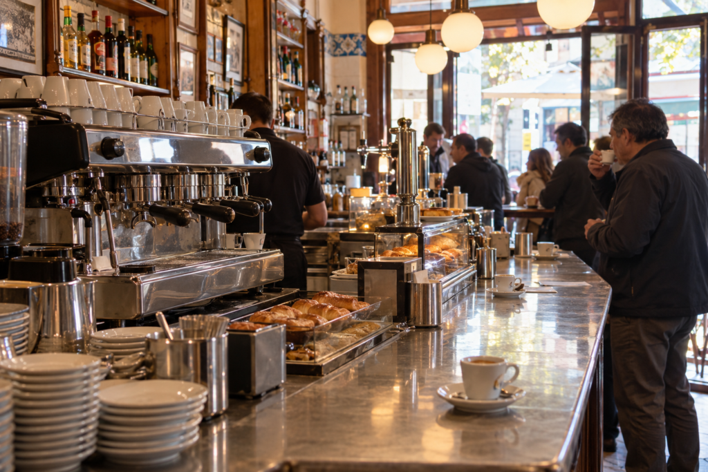 Barra de un bar español, la gente bebiendo café de pie
