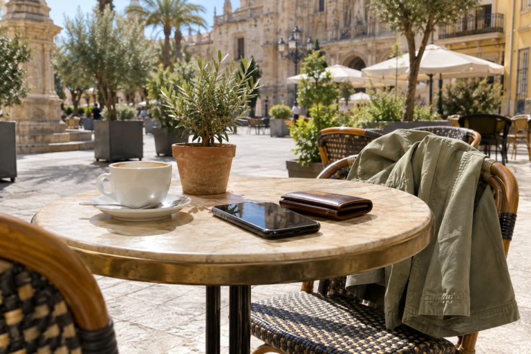 Mesa de cafetería española con objetos personales sin vigilancia, reflejo de la confianza en espacios públicos