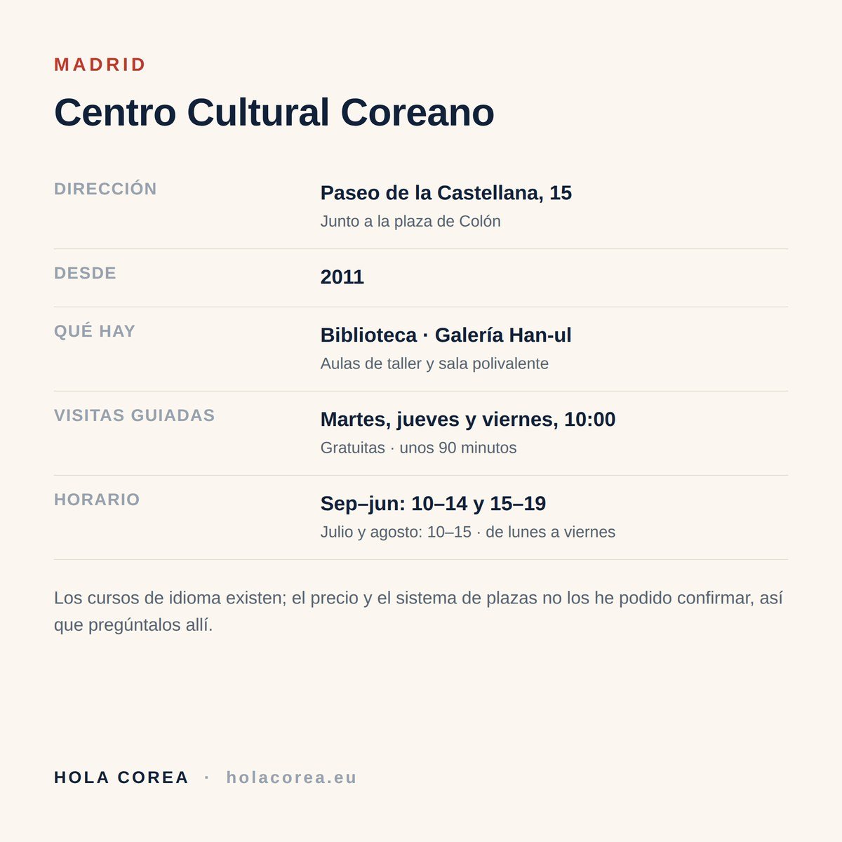 Datos del Centro Cultural Coreano en Madrid: dirección, horario y visitas guiadas gratuitas