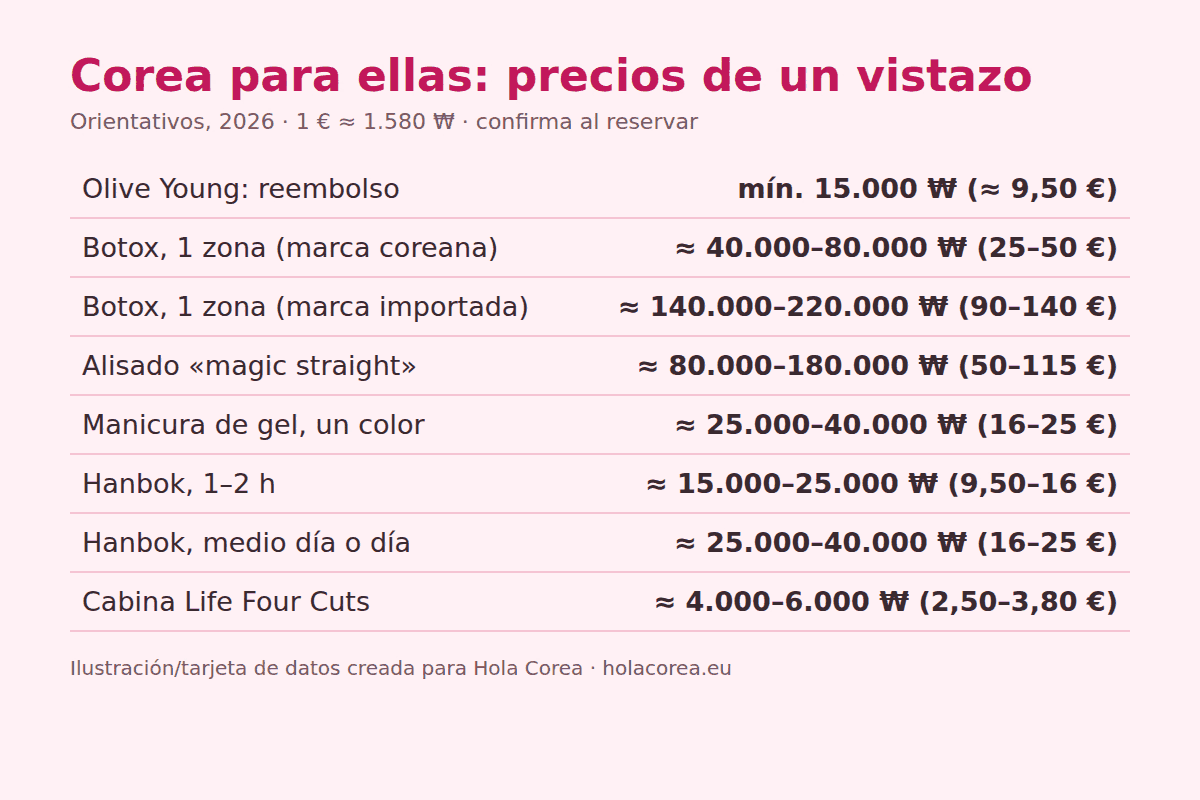 Tarjeta de datos con los precios orientativos de los planes de Corea para ellas en 2026