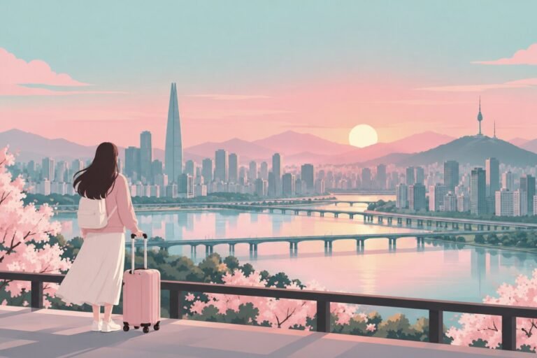Ilustración generada con IA de una mujer con maleta mirando el skyline de Seúl y el río Han al amanecer