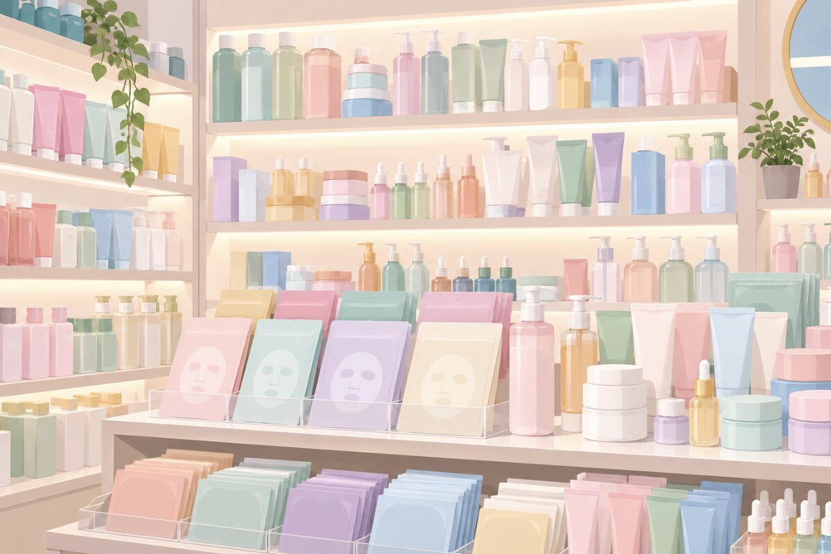 Ilustración generada con IA de una tienda de cosmética coreana con estanterías de cremas, sérums y mascarillas de tela