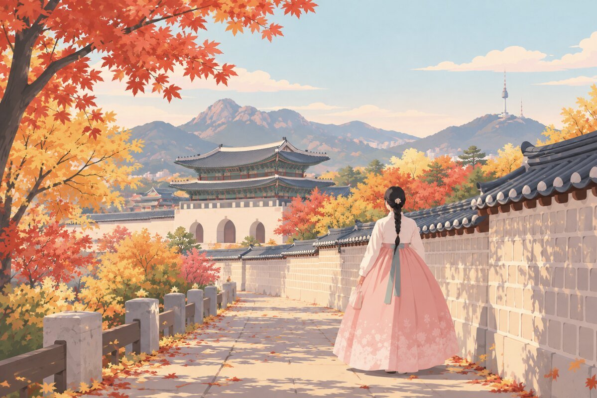 Ilustración generada con IA de una mujer con hanbok paseando junto a la muralla de un palacio de Seúl en otoño