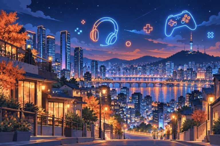 Ilustración generada con IA de una calle de Seúl de noche con iconos de auriculares y mando de videojuegos sobre la ciudad