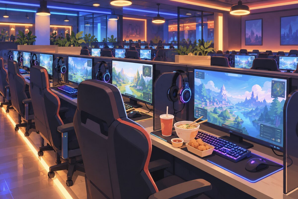 Ilustración generada con IA de una PC bang coreana con filas de puestos de juego, monitores encendidos y un cuenco de fideos en la mesa