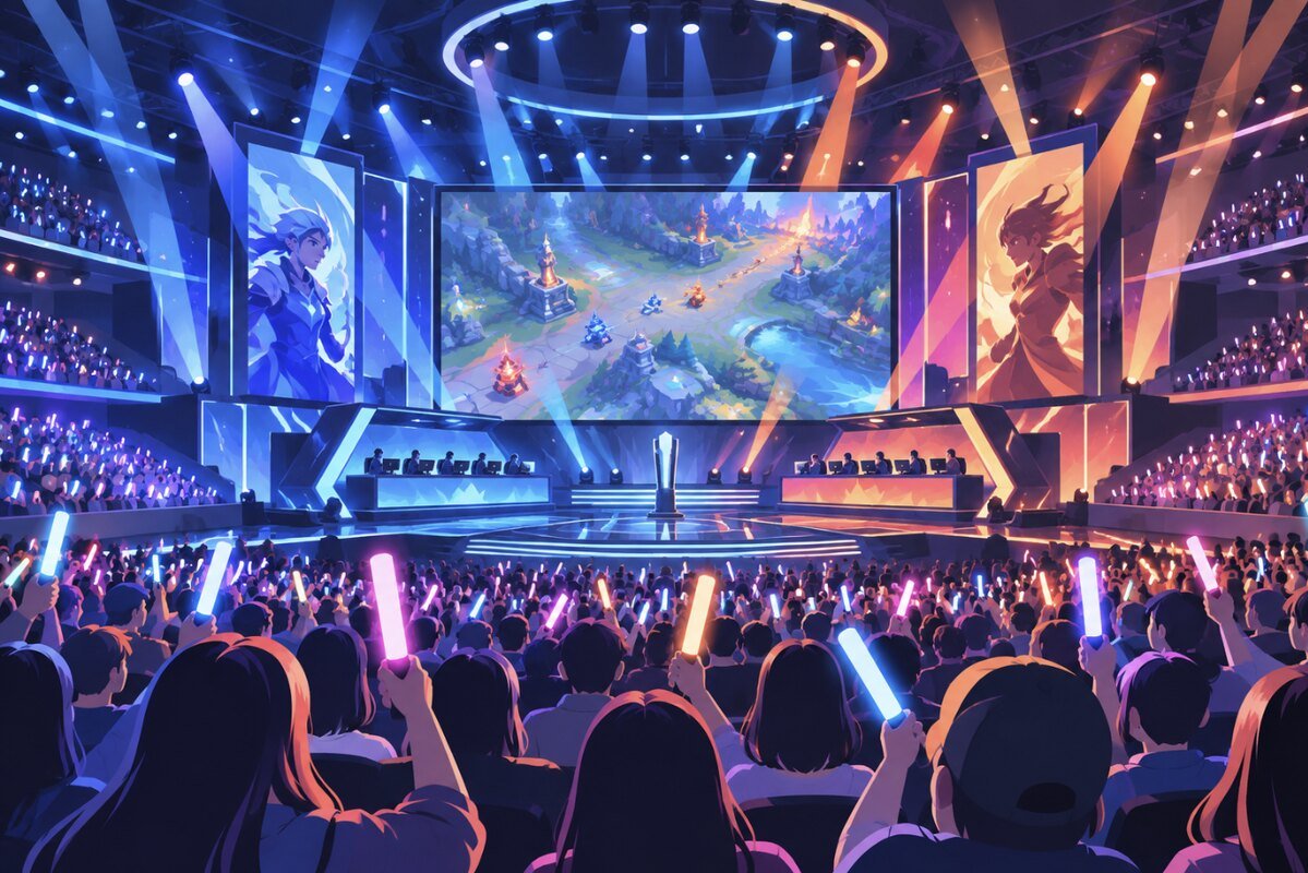 Ilustración generada con IA de un estadio de e-sports con público agitando bastones de luz frente a una gran pantalla
