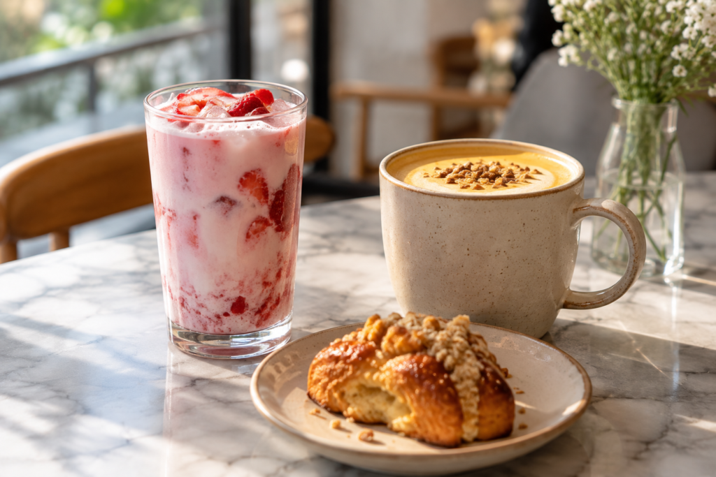 Latte de fresa y latte de boniato con un bollo en una mesa de mármol (imagen generada con IA)
