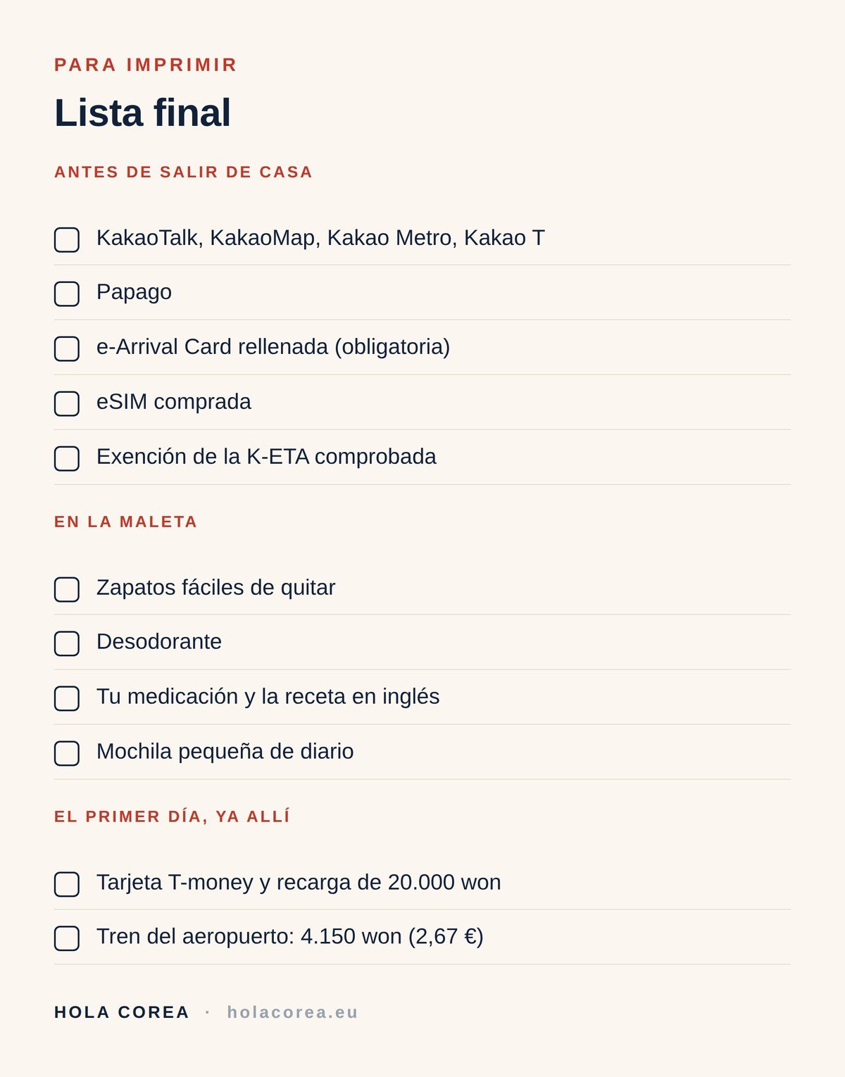 Lista de equipaje para Corea del Sur lista para imprimir