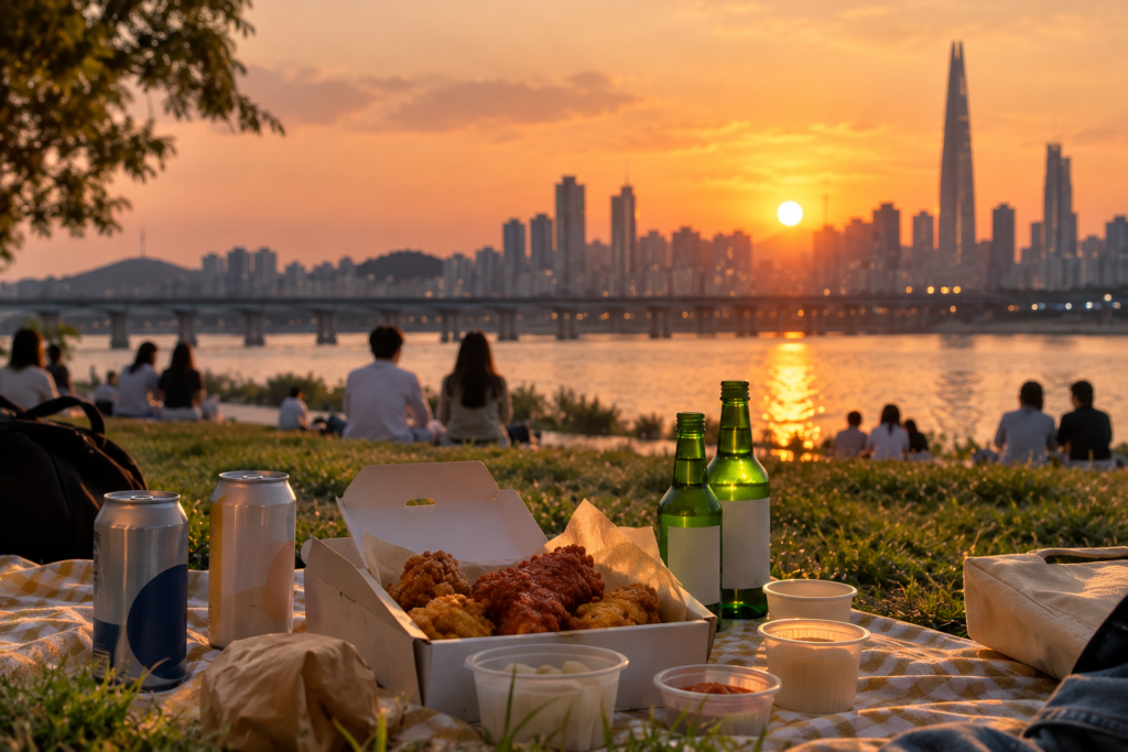 Picnic junto al río Han en Seúl al atardecer con pollo frito, cerveza y soju (imagen generada con IA)