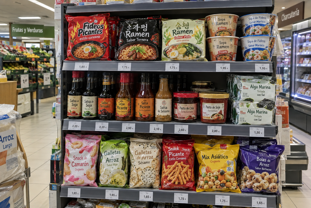 Estantería de un supermercado asiático de Málaga con productos coreanos