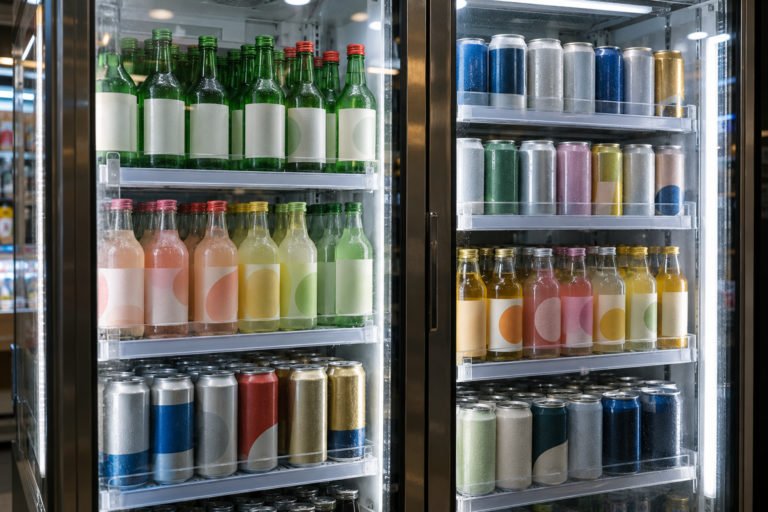 Qué beber en Corea: nevera de una tienda de conveniencia con soju, cerveza y highball (imagen generada con IA)