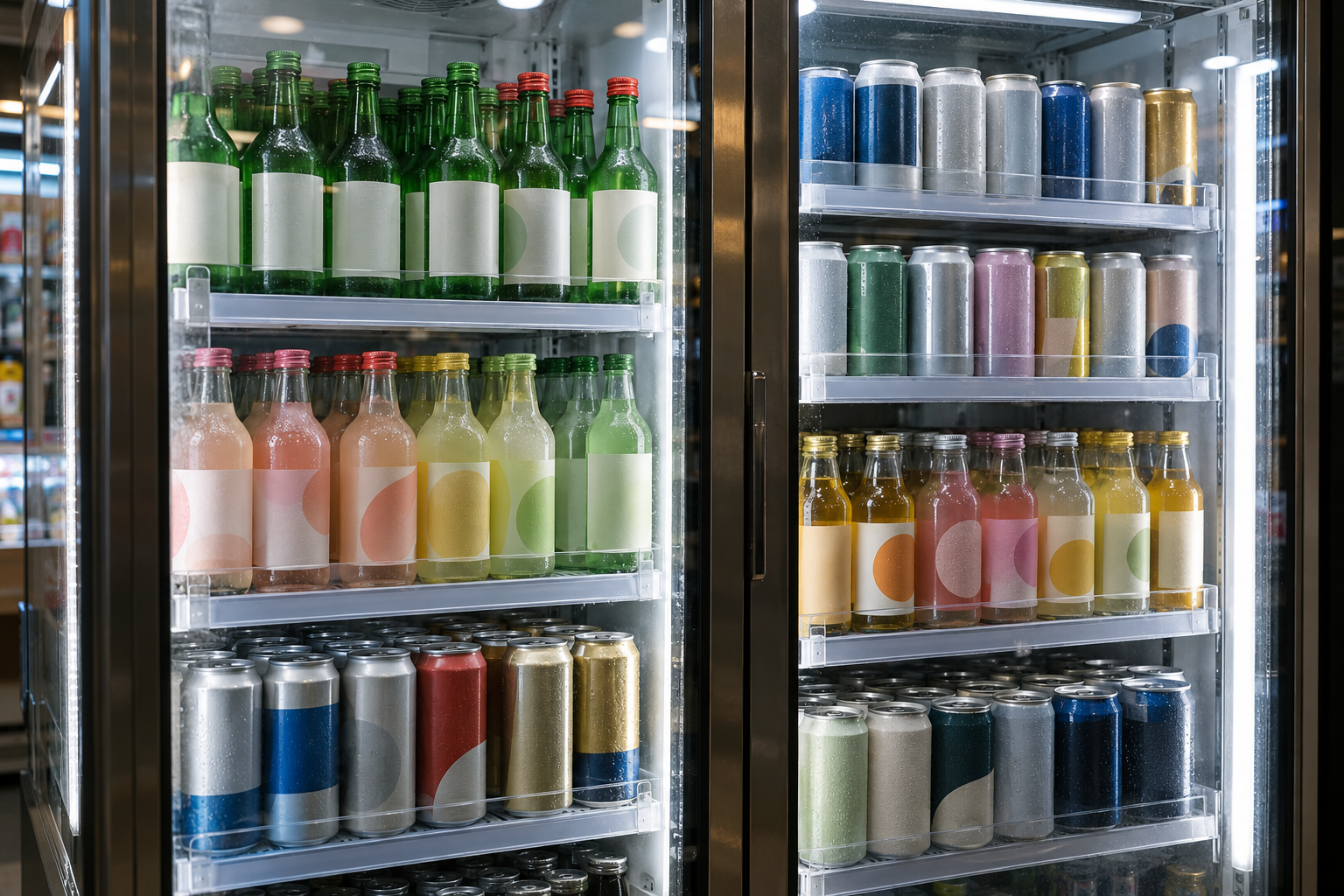 Qué beber en Corea: nevera de una tienda de conveniencia con soju, cerveza y highball (imagen generada con IA)