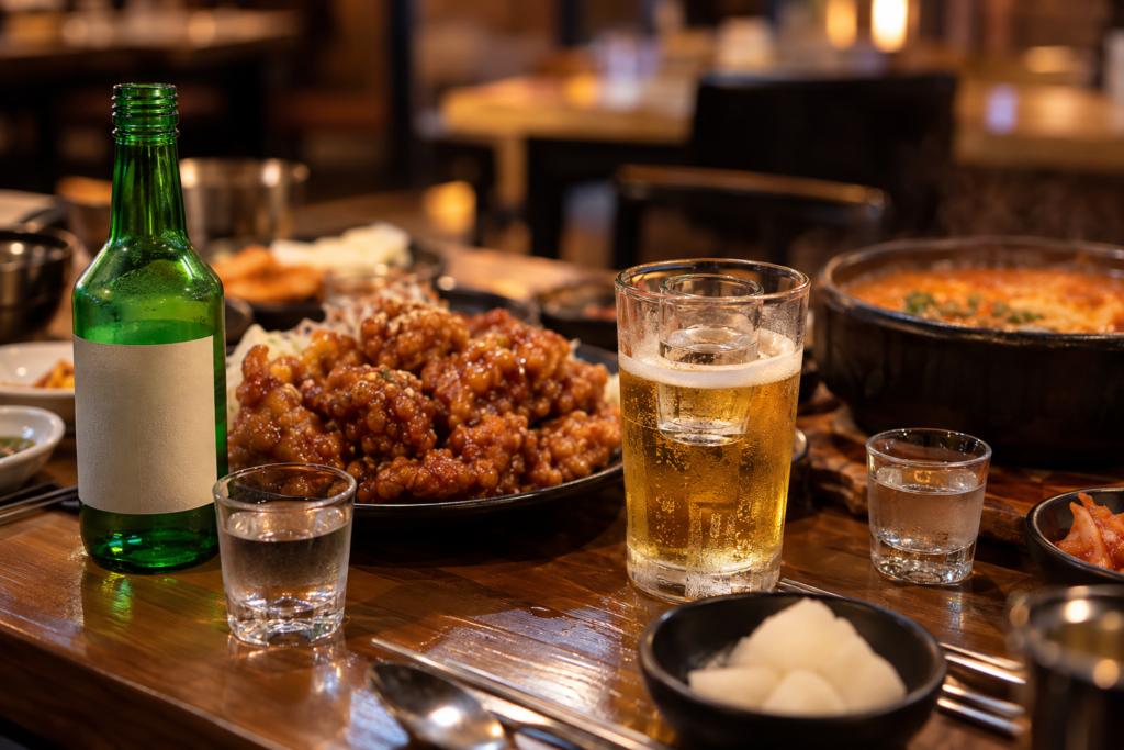 Mesa de un restaurante coreano con soju, somaek, pollo frito y guiso (imagen generada con IA)