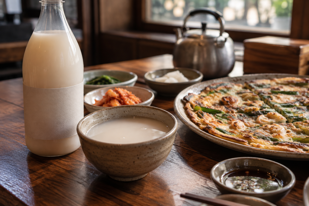 Makgeolli en un cuenco de cerámica con botella y jeon de cebolleta (imagen generada con IA)
