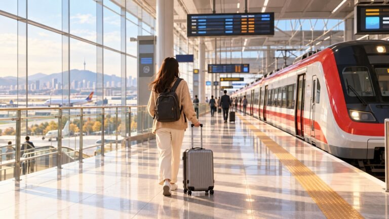 Viajero con maleta junto al tren del aeropuerto de Incheon, Corea del Sur (imagen generada con IA)