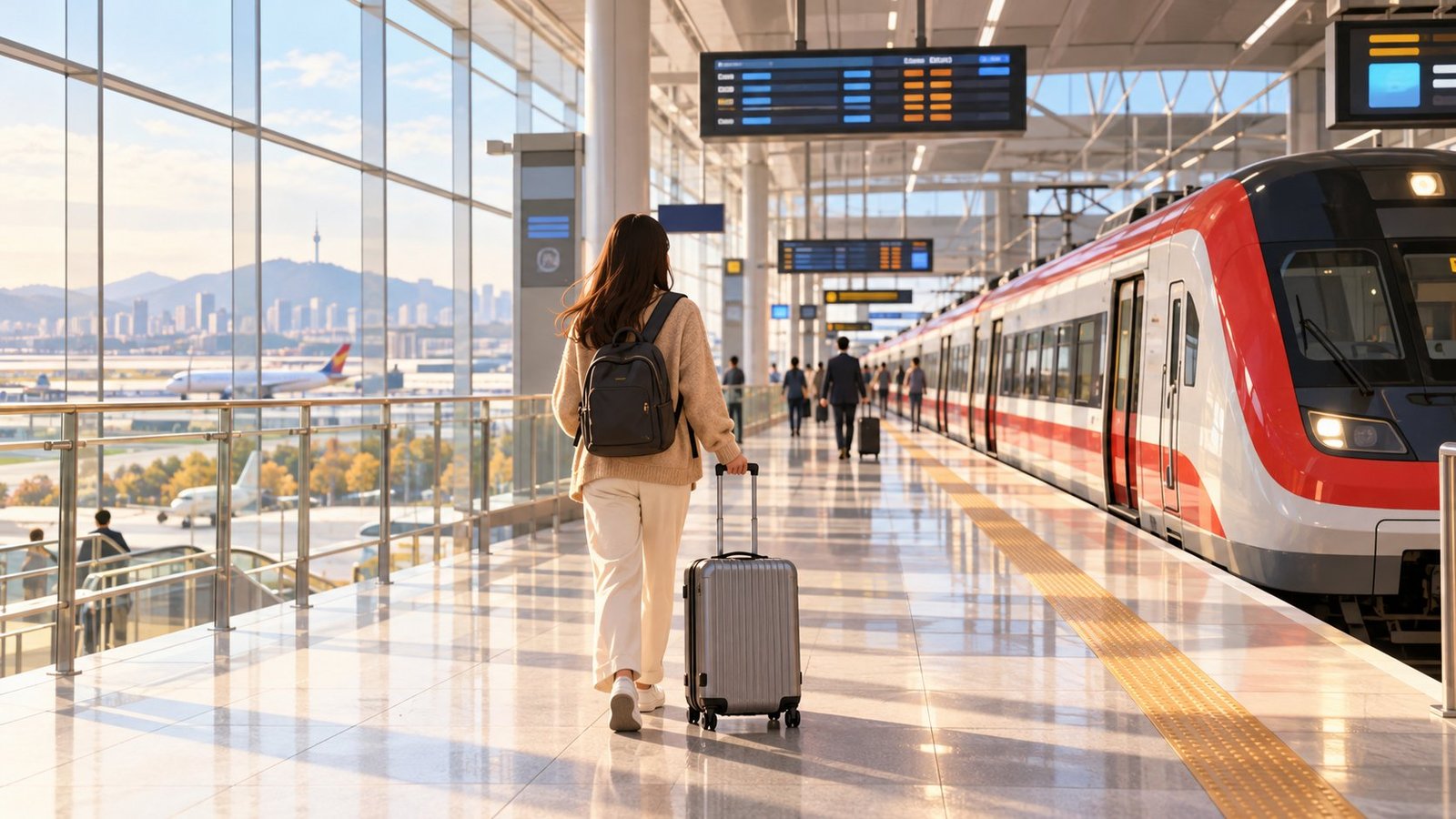 Viajero con maleta junto al tren del aeropuerto de Incheon, Corea del Sur (imagen generada con IA)