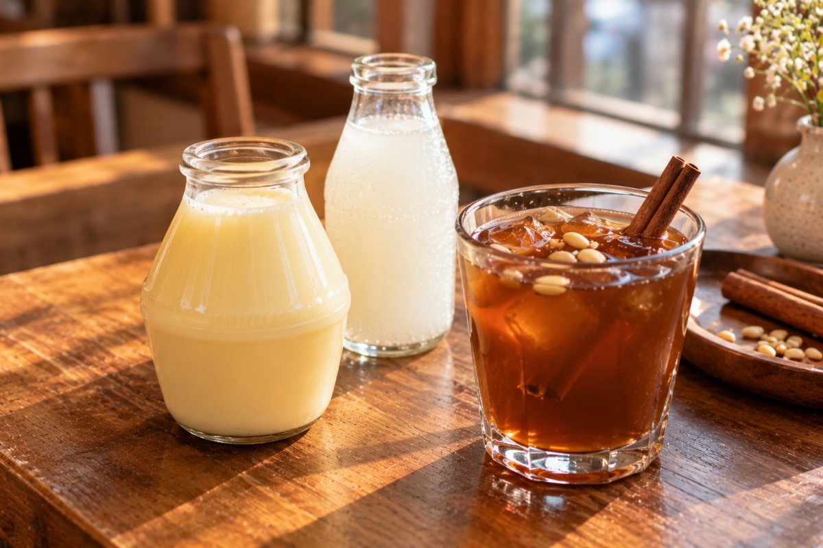 Botella de leche de plátano, botella de refresco lácteo y un vaso de sujeonggwa con piñones sobre una mesa de madera (imagen generada con IA)