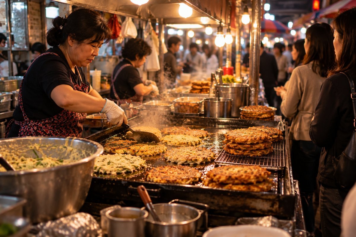 Una vendedora prepara bindaetteok en una plancha grande en un mercado tradicional de Corea (imagen generada con IA)