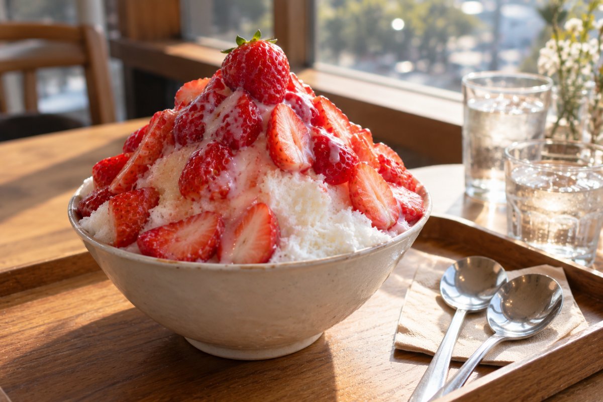 Bingsu de fresa con hielo raspado, leche condensada y fresas frescas en una cafetería de Corea (imagen generada con IA)