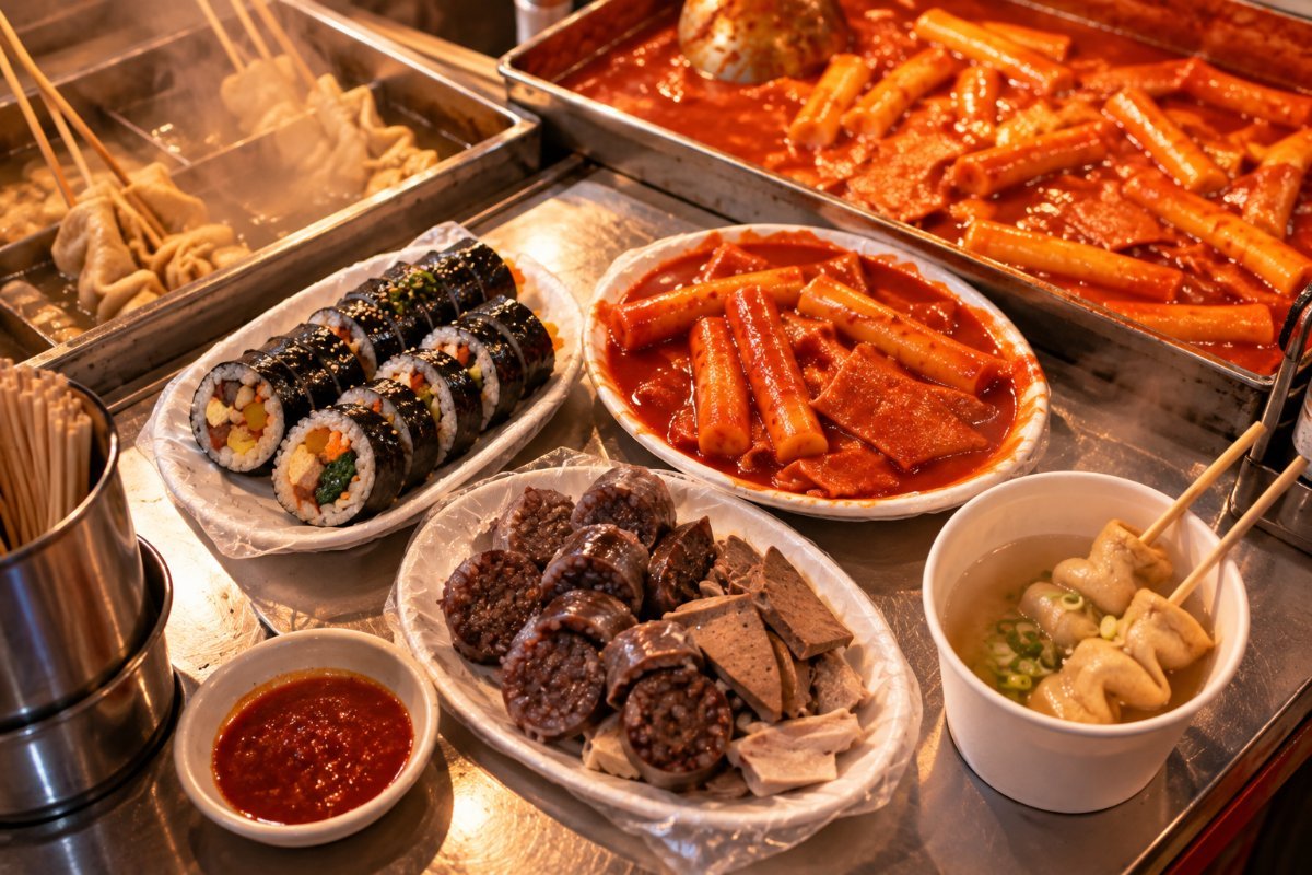Gimbap, tteokbokki, sundae y brochetas de pasta de pescado sobre el mostrador de un mercado tradicional de Corea (imagen generada con IA)