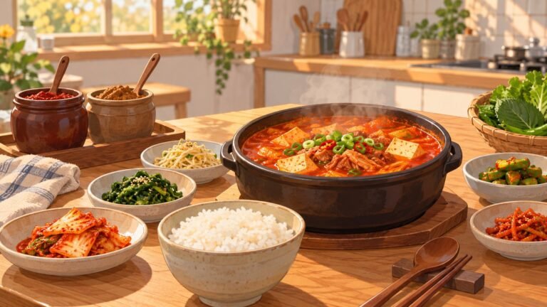 Mesa de cocina con un guiso coreano, arroz y salsas para cocinar comida coreana en casa (imagen generada con IA)