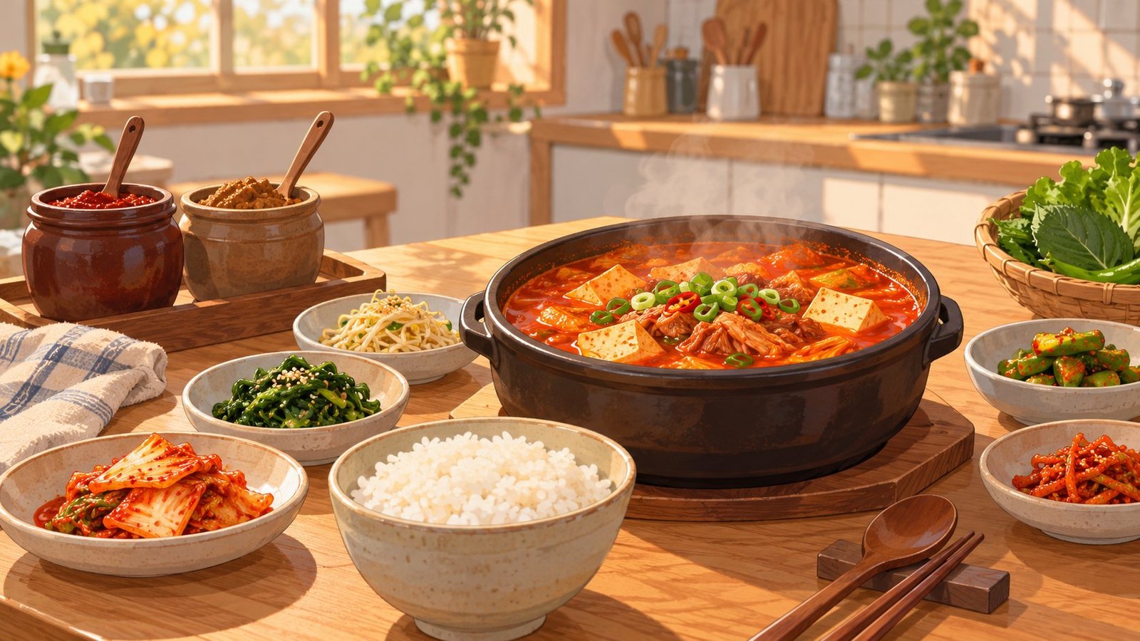 Mesa de cocina con un guiso coreano, arroz y salsas para cocinar comida coreana en casa (imagen generada con IA)