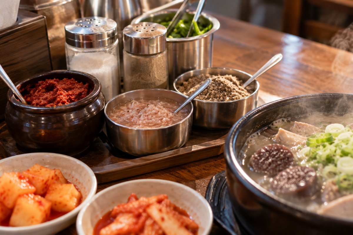 Condimentos sobre la mesa de un restaurante de gukbap: dadegi, sal, pimienta, saeu-jeot y semillas de perilla (imagen generada con IA)