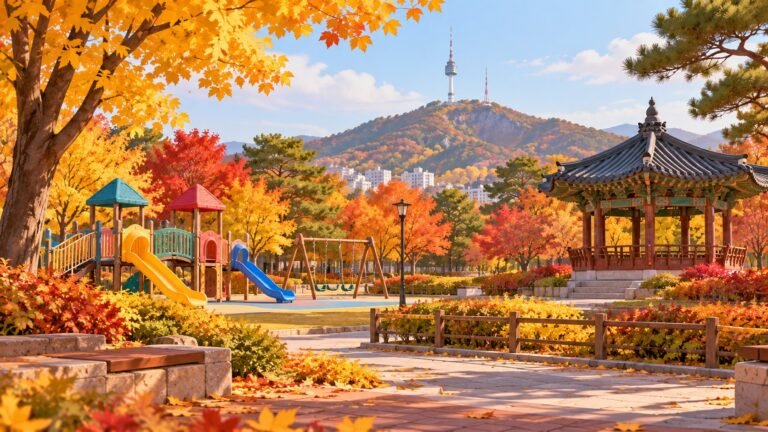 Parque infantil en Seúl con un pabellón tradicional, ideal para viajar a Corea con niños (imagen generada con IA)