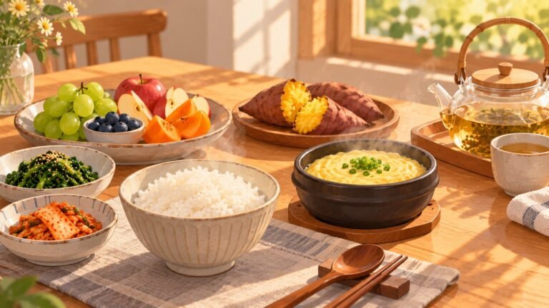 Comida sencilla con arroz, huevo al vapor y fruta para comer Corea sin gluten (imagen generada con IA)