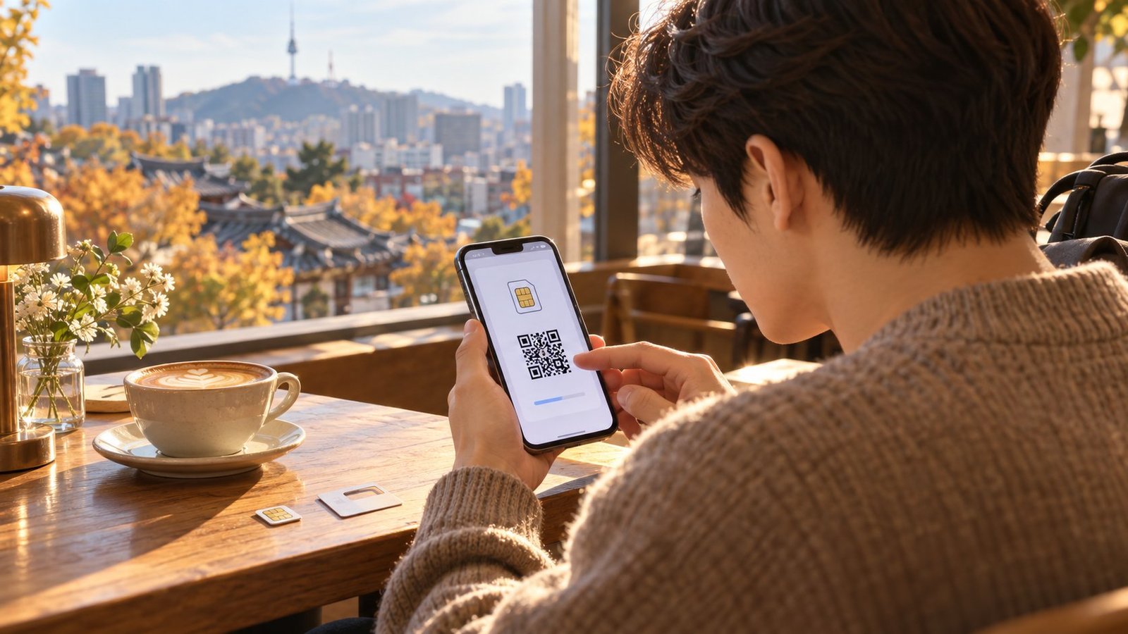 Viajero configurando una eSIM en el móvil en una cafetería de Seúl (imagen generada con IA)