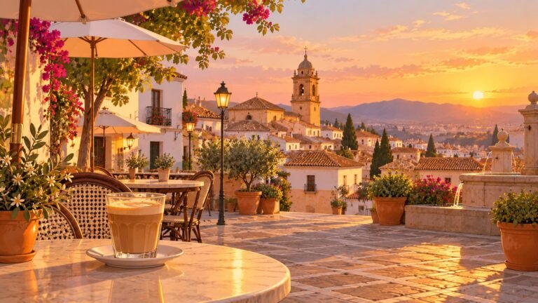 Plaza española con terraza de café al atardecer, España vista por un coreano (imagen generada con IA)