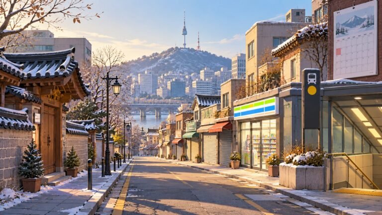 Ilustración de una calle tranquila de Seúl en un día festivo, con tiendas cerradas y una tienda de conveniencia abierta, festivos en Corea (imagen generada con IA)