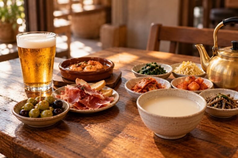 Una caña con tapas y un cuenco de makgeolli con banchan, lado a lado