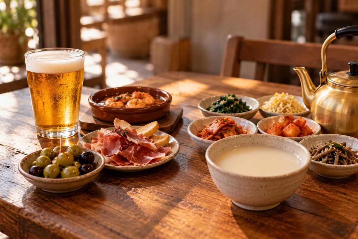 Una caña con tapas y un cuenco de makgeolli con banchan, lado a lado