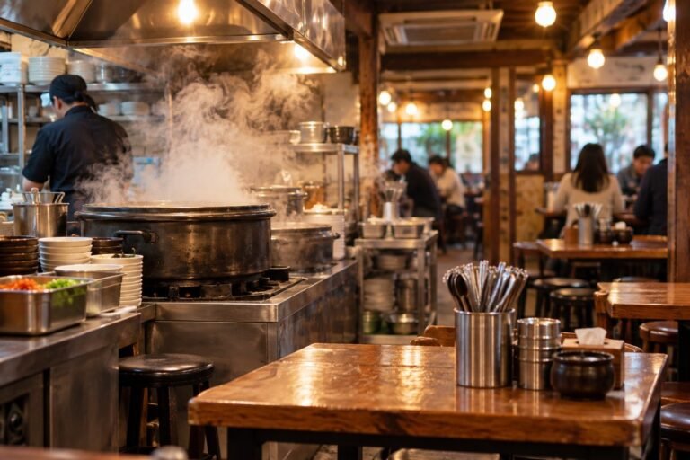 Interior de una pequeña casa de gukbap en Corea con cocina abierta y una olla grande humeante (imagen generada con IA)